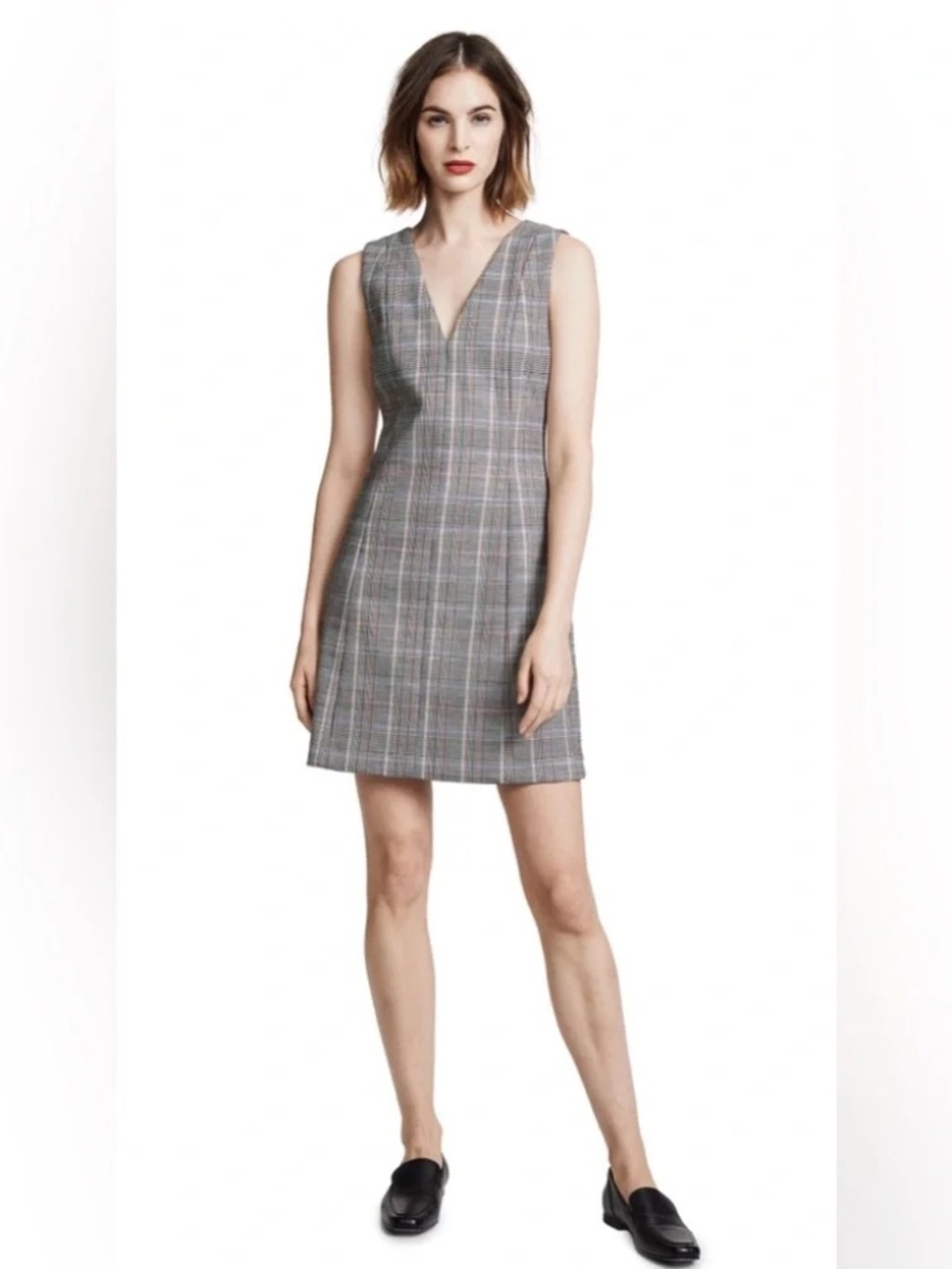 Theory Easy V Shift Dress Plaid Wool V-Neck Sleeveless Tailored Styling Size 10
